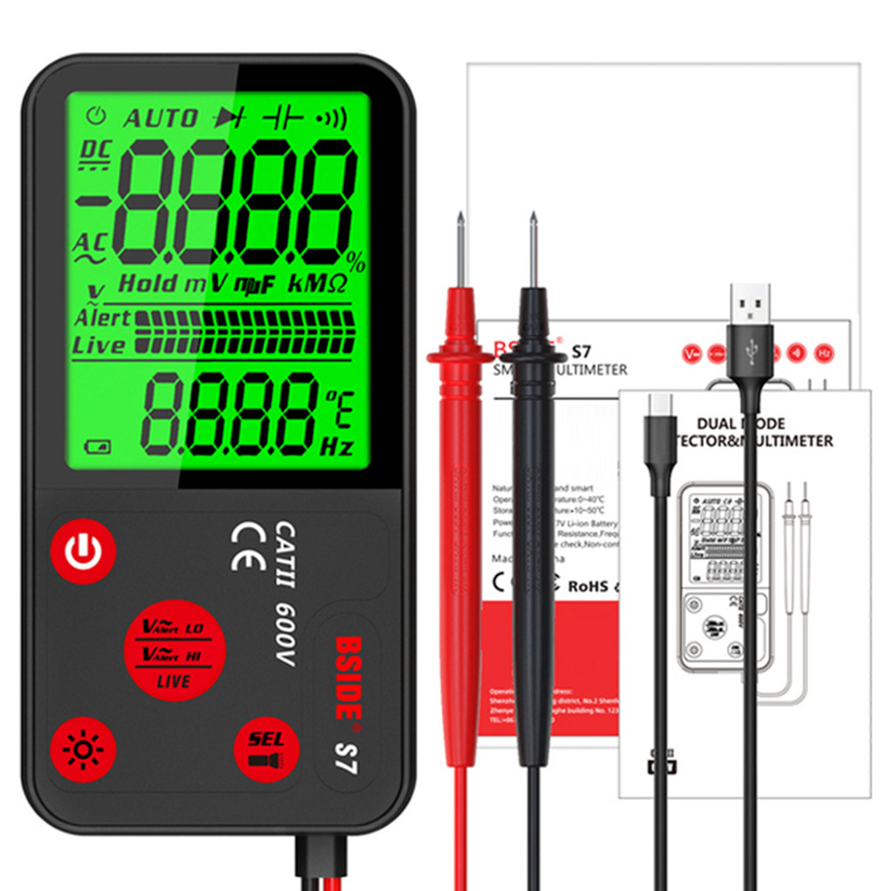 

BSIDE S7 Smart Digital Multimeter, Ultra-thin Large LCD Screen, Fully Automatic Testing, Breakpoint Search, Zero Firewire Recognition, Black - No Bag