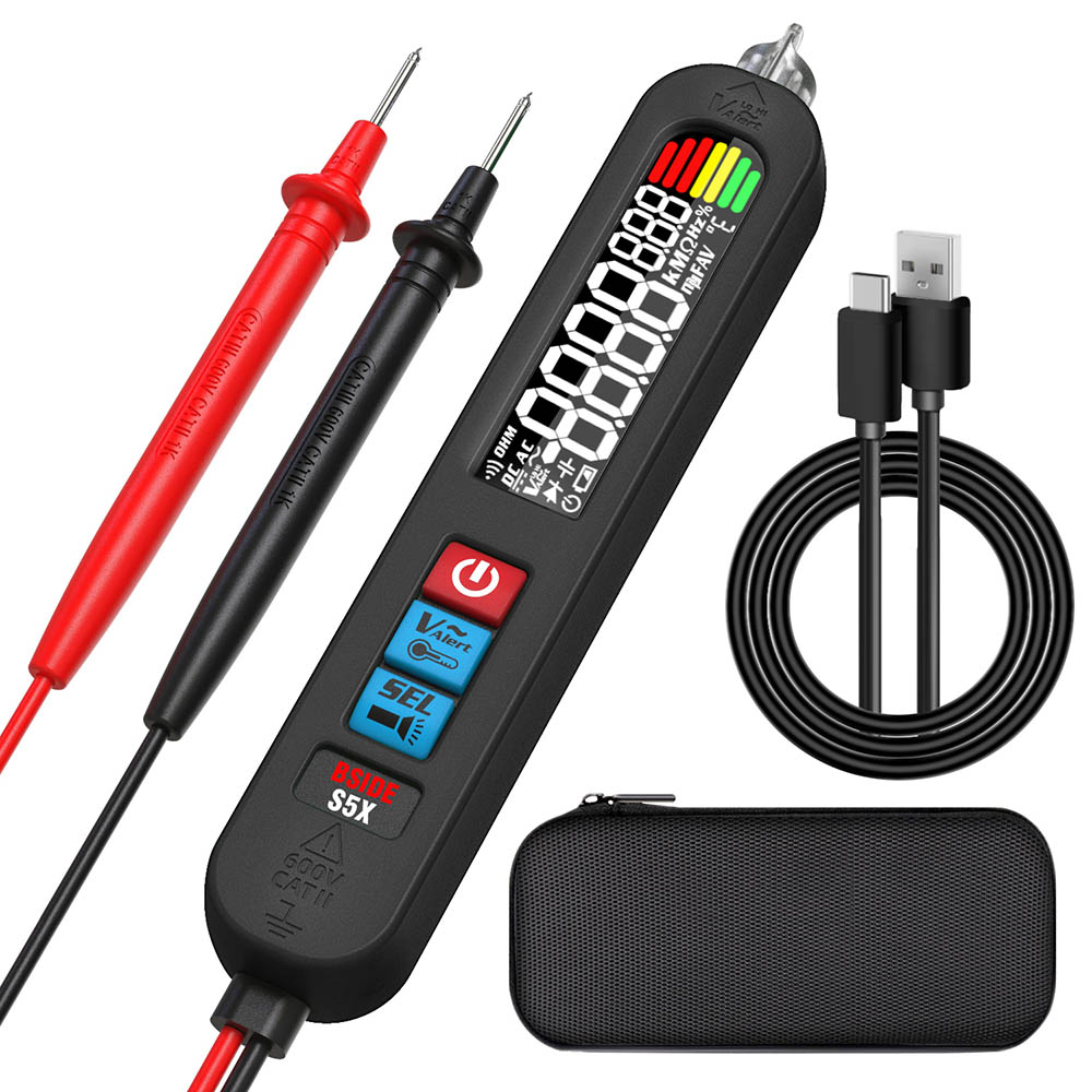 

BSIDE S5X Digital Multimeter, AC DC Voltage Detector Pen, Auto Range, Capacitance Ohm Diode Hz NCV Tester, Bright LED Flashlight, 400mAh Li-ion Battery, Black -with Bag