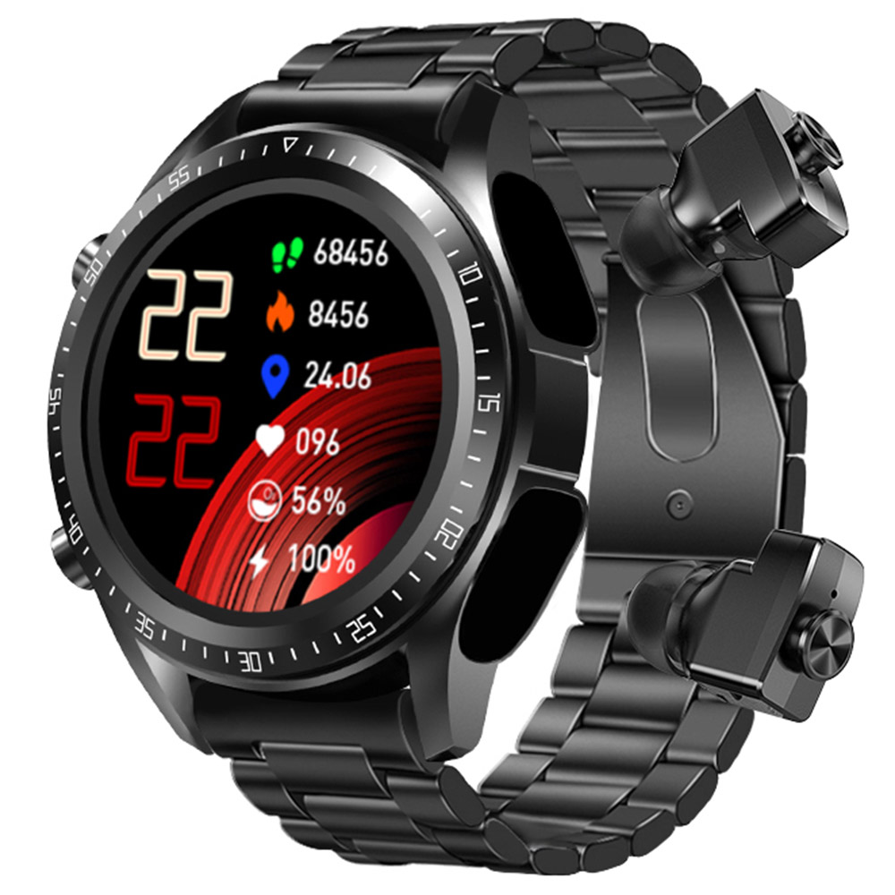 

JM03 2-in-1 Smartwatch with Earbuds, Bluetooth Phone Call Blood Oxygen Heart Rate Monitoring Waterproof Sport Watch - Steel Strap, Black