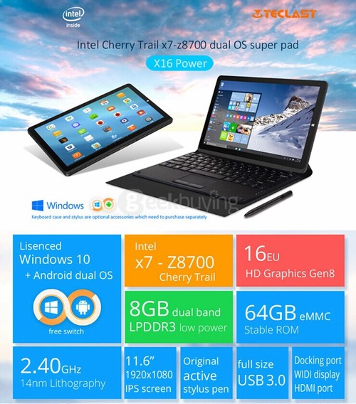 Teclast X16 Power 8GB/64GB Windows10+Android5.1 Dual OS 11.6