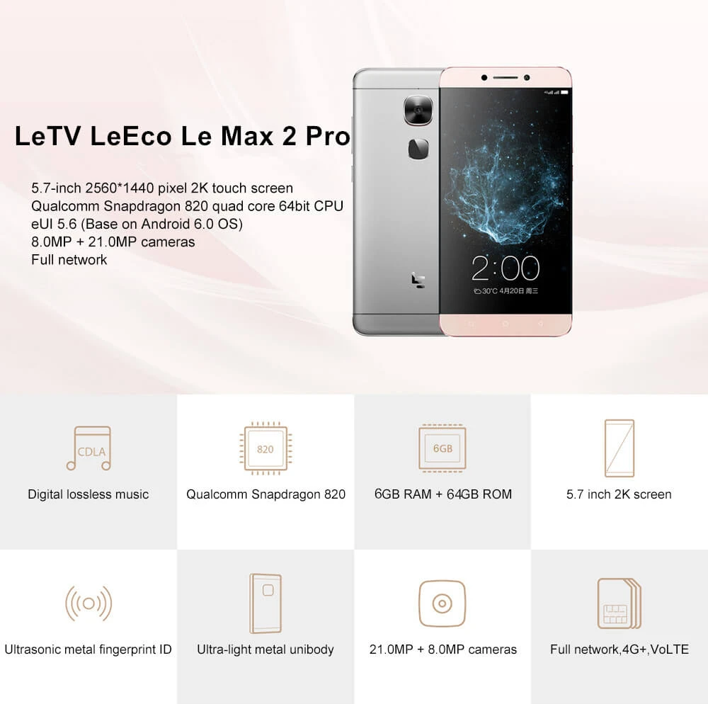 スマートフォン本体 letv LeEco Le Max 820 LeTV LeEco Le Max 2 Pro/X820 5.7インチ Android 6.0 6GB 64GB