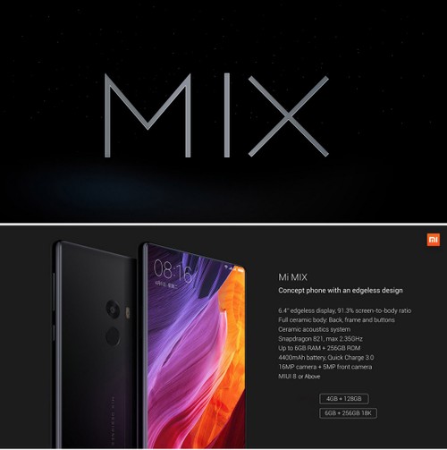 Xiaomi Mi MIX 6.4inch 2040*1080 FHD Full Screen Android 6.0 OS 4G+ LTE Smartphone 64-Bit Qualcomm Snapdragon 821 4GB 128GB 16.0MP NFC Touch ID Full Ceramic Body - Black