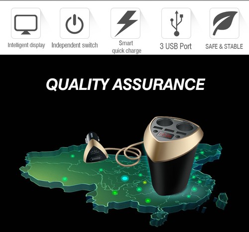 Remax CR-3XP Smart Car Cup Car Charger 3 USB Ports Cigarette Lighter Socket Splitter LED Display 3.4A - Black