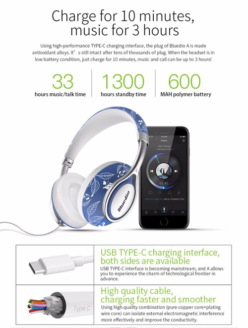 Bluedio A2 Wireless Bluetooth Headphones with Mic Blue