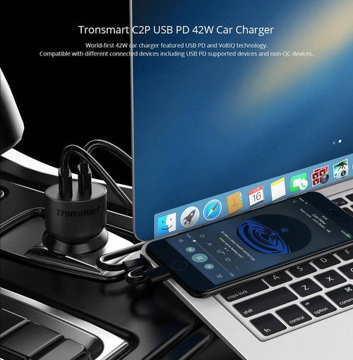 Tronsmart C2P 42W USB-C 2-Port Car Charger with Power Delivery for Google Pixel/Pixel XL/MacBoo/ iPad Pro