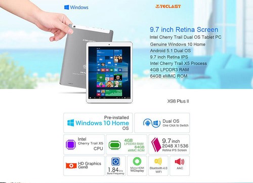 ANDROID - Teclast X98 Plus II (デュアルOS) Teclast X98 Plus II 2in1 Tablet PC 4GB 64GB Gray