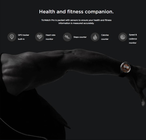 Ticwatch PRO Smart Watch 1.4 Inch OLED/LED Double Screens Heart Rate Monitor IP68 Built-in GPS Google Pay - Black