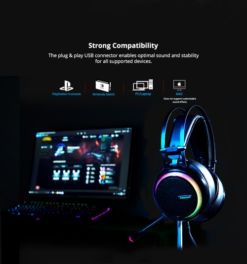Tronsmart Glary Gaming Headset 7.1 Virtual Surround Sound Stereo Sound with Colorful LED Lighting USB Interface Mic for PC Laptop