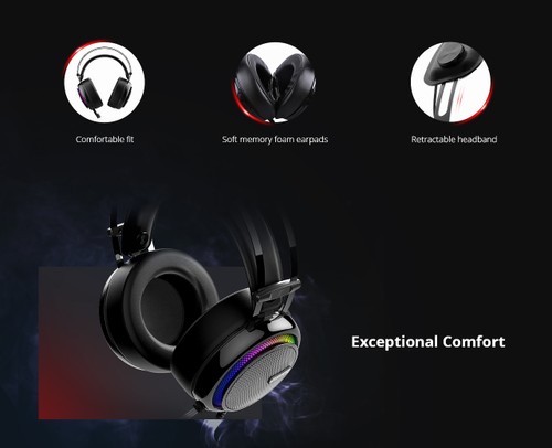 Tronsmart Glary Gaming Headset 7.1 Virtual Surround Sound Stereo Sound with Colorful LED Lighting USB Interface Mic for PC Laptop