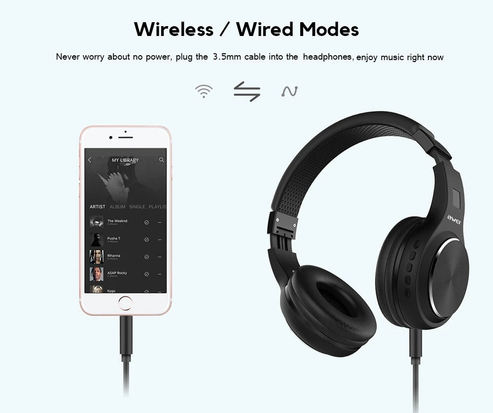 AWEI A600BL Katlanabilir HiFi Kablosuz Bluetooth Kulaklık Bas Stereo Kulaklık-Siyah