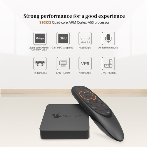 Beelink GTmini-A Amlogic S905X2 Android 9.0 4GB DDR4 64GB eMMC 4K TV Box with Voice Remote Dual Band WiFi Gigabit LAN Bluetooth USB3.0