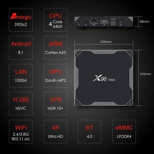 X96 MAX Amlogic S905X2 Android 8.1 KODI 18.0 4GB/32GB 4K TV Box with LED Display Dual Band WiFi Bluetooth Gigabit LAN USB3.0