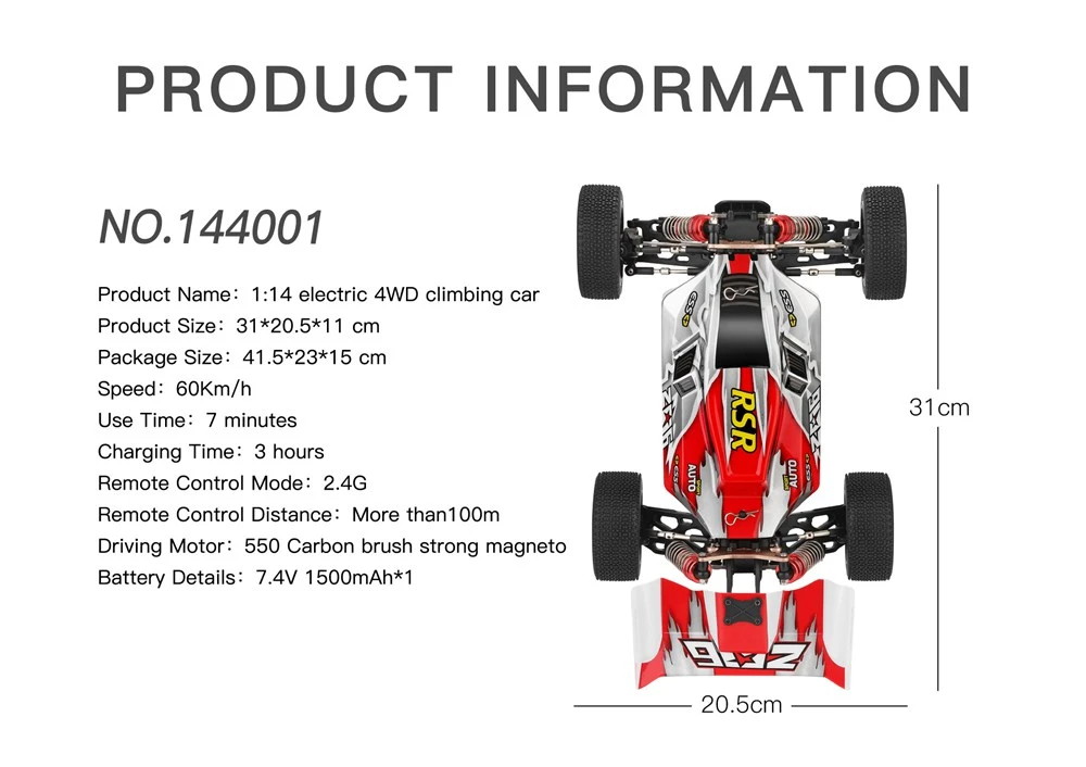 Wltoys 144001 Driving 1/14 2.4G 4WD 60km/h Electric Brushed Off-Road Buggy RC Car RTR - Red