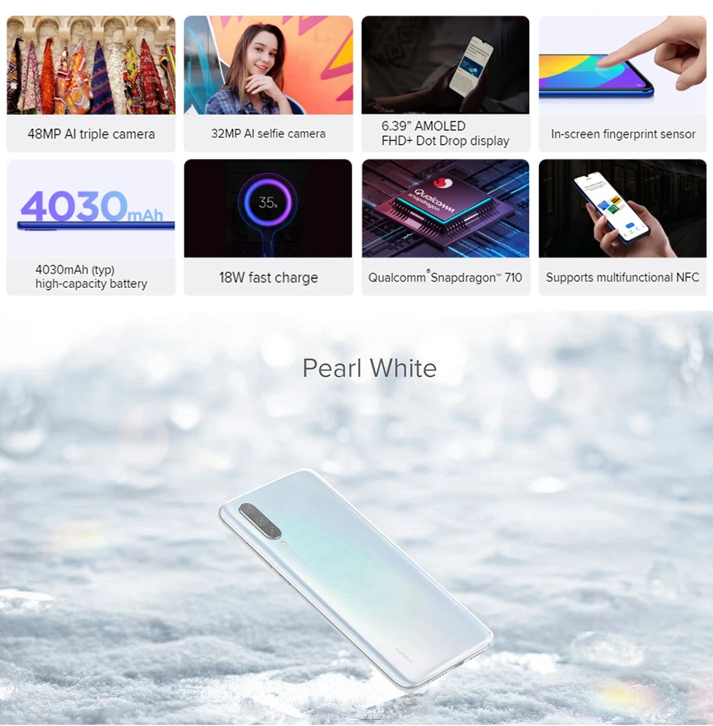 スマートフォン本体 Xiaomi Mi9 Lite 6/128 White XIAOMI M1904F3BG MI 9 LITE Dual SIM - 128GB, 6GB RAM, 4G LTE