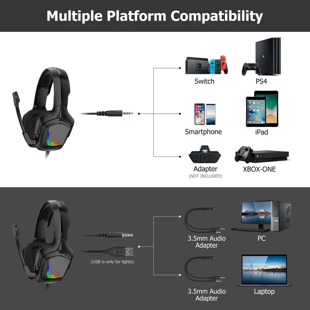 Onikuma K20 RGB Light Gaming Headset HD ستيريو 3.5mm Audio with Mic for PS4 Xbox One Switch - Black