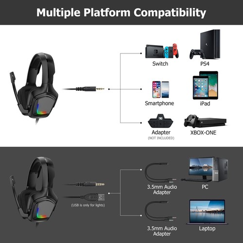 Onikuma K20 RGB Light Gaming Headset HD Stereo 3.5mm Audio with Mic for PS4 Xbox One Switch - Black