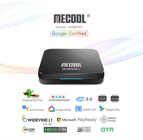 MECOOL KM9 Pro Google Certified Amlogic S905X2 Android TV 9.0 OS 4GB DDR4 32GB eMMC YouTube 4K TV Box with Voice Remote Dual Band WiFi LAN Bluetooth USB 3.0