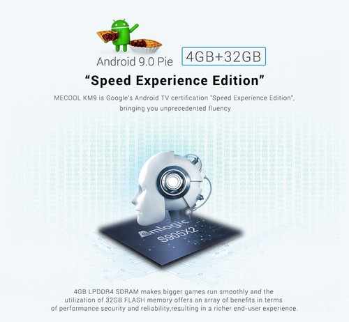 MECOOL KM9 Pro Google Certified Amlogic S905X2 Android TV 9.0 OS 4GB DDR4 32GB eMMC YouTube 4K TV Box with Voice Remote Dual Band WiFi LAN Bluetooth USB 3.0