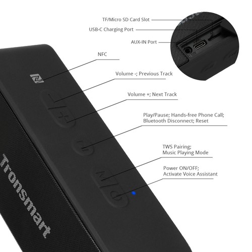 Tronsmart T2 Plus 20W  Bluetooth 5.0 Speaker 24H Playtime IPX7 Waterproof  Soundbar with TWS,Siri,Micro SD