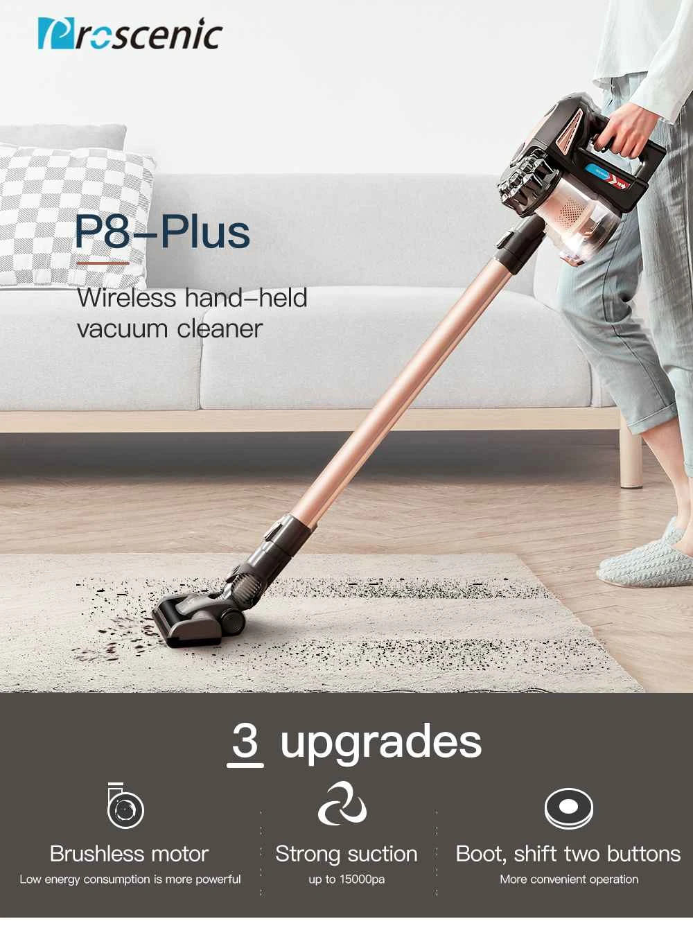 Proscenic P8 Plus Wireless Handheld Stick Vacuum Cleaner 15000Pa Powerful Suction 35 Minutes Running Time Anti-winding Hair Mite 2-in-1 Stick Vacuum - Gold