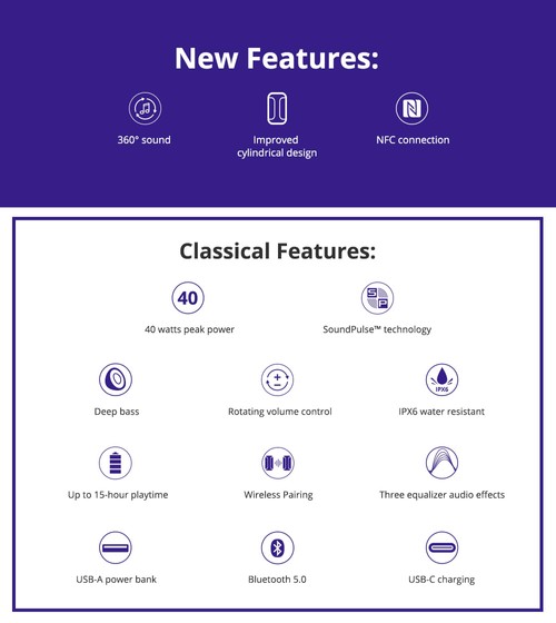 Tronsmart T6 Plus Upgraded Edition Bluetooth 5.0 40W Speaker NFC Connection 15 Hours Playtime IPX6 USB Charge Out - Black