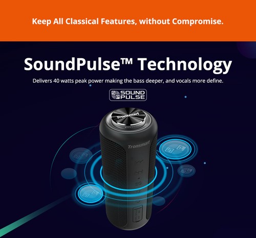 Tronsmart T6 Plus Upgraded Edition Bluetooth 5.0 40W Speaker NFC Connection 15 Hours Playtime IPX6 USB Charge Out - Black