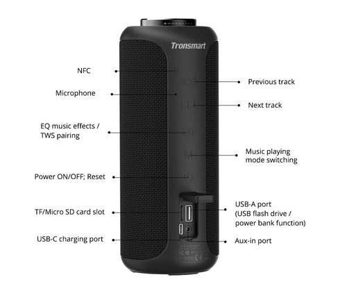 Tronsmart T6 Plus Upgraded Edition Bluetooth 5.0 40W Speaker NFC Connection 15 Hours Playtime IPX6 USB Charge Out - Black