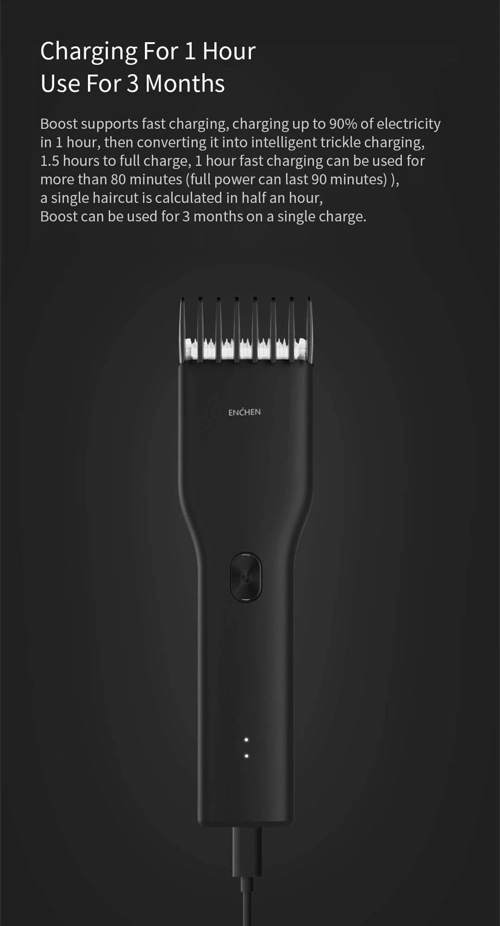 ENCHEN Multi-purpose Electric Hair Clipper Trimmer Two Speed Ceramic Cute Positioning Comb Smart Display USB Charging Child Shaving Hair Adult Household Baby From Xiaomi Youpin - Black