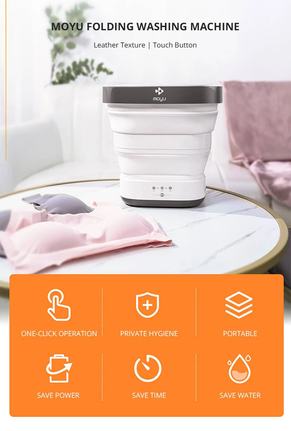 Moyu Second Generation Portable Mini Folding Automatic Washing Machine Spin Dry Energy Saving For Home Travel - Pink