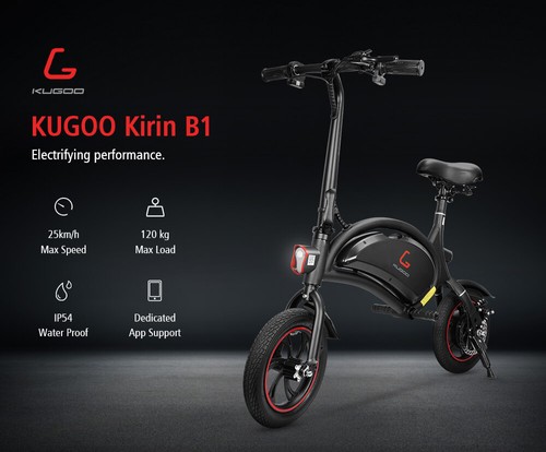 KUGOO B1 Folding Moped Electric Bike 12 Inch Pneumatic Tires 36V 250W Brushless Motor Max Speed 25km/h 6AH Lithium Battery Disc Brake Max Load 120kg - Black