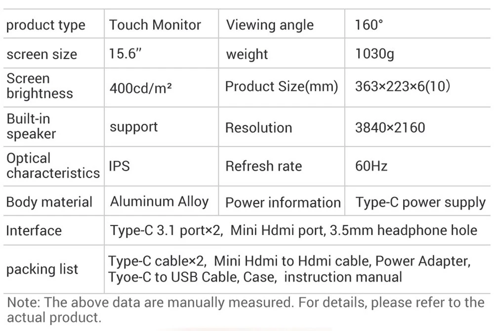 AOSIMAN ASM-156UCT Portable Monitor 15.6 inch IPS Touch Screen HDR 3840*2160 Full Metal Body Dual type-C+mini HDMI