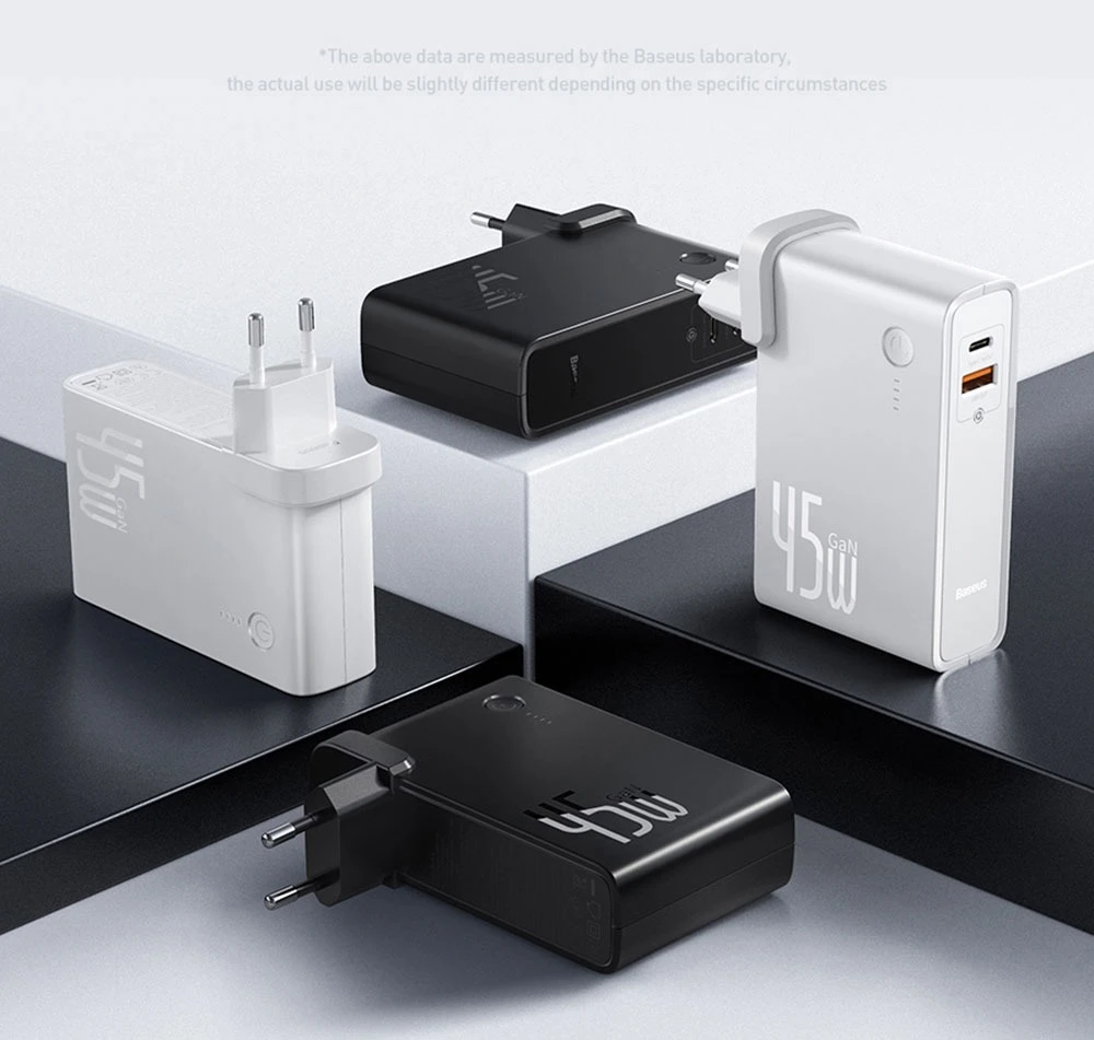 Baseus GaN 2 In 1 45W USB-C Wall Charger PD Fast Charging  + Power Bank 10000mAh Battery PD3.0 QC3.0 Power Delivery Quick Charge Power Supply For iPhone 11 SE 2020 For iPad Pro 2020 Xiaomi 10 Huawei P40 Pro Eu Port - Black