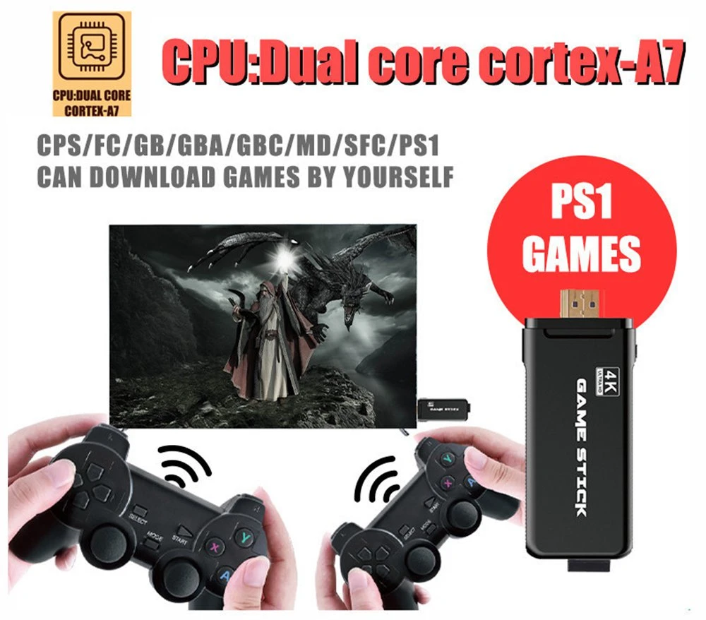 PS3000 32GB 4K Gaming Stick with 2 Wireless Gamepads 3000+ Games Pre-installed