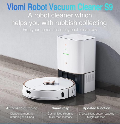 Xiaomi VIOMI S9 Robot Vacuum Cleaner with Intelligent Dust Collector Integrated Sweeping and Mopping 2700Pa Powerful Suction LDS Laser Navigation 220 Mins Running Time 250ml Electric Water Tank Mijia APP Control for Pets Hair, Carpets and Hard Floor