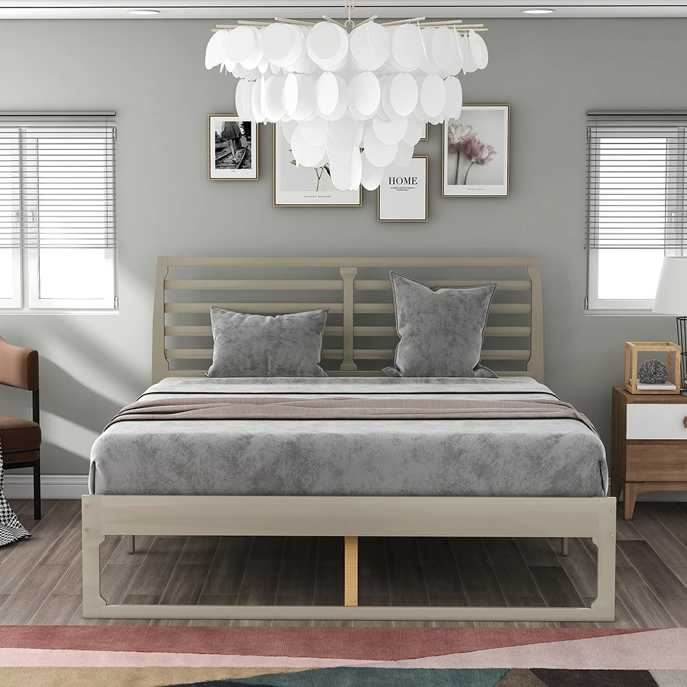 クイーンベッドフレーム 木製スラット グレー クイーンベッドフレーム 木製スラット グレー