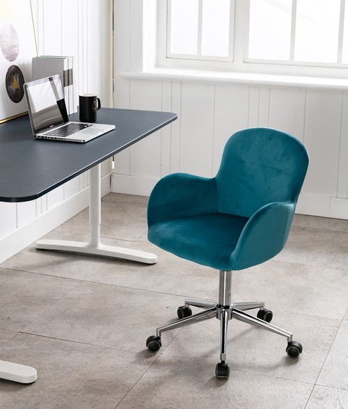 COOLMORE Velvet Rotating Chair Height Adjustable with Curved Backrest and Casters for Living Room, Bedroom - Blue