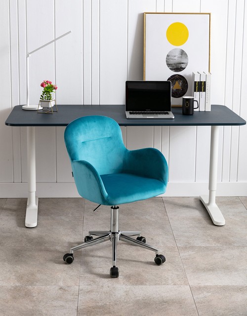 COOLMORE Velvet Rotating Chair Height Adjustable with Curved Backrest and Casters for Living Room, Bedroom - Blue