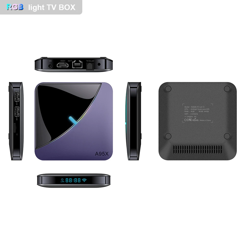 A95X F3 air II TV BOX Android 11 Amlogic S905W2 Quad Core ARM Cortex A53 4G RAM 32GB ROM 2.4G+5G WIFI 4K AV1 RGB Light