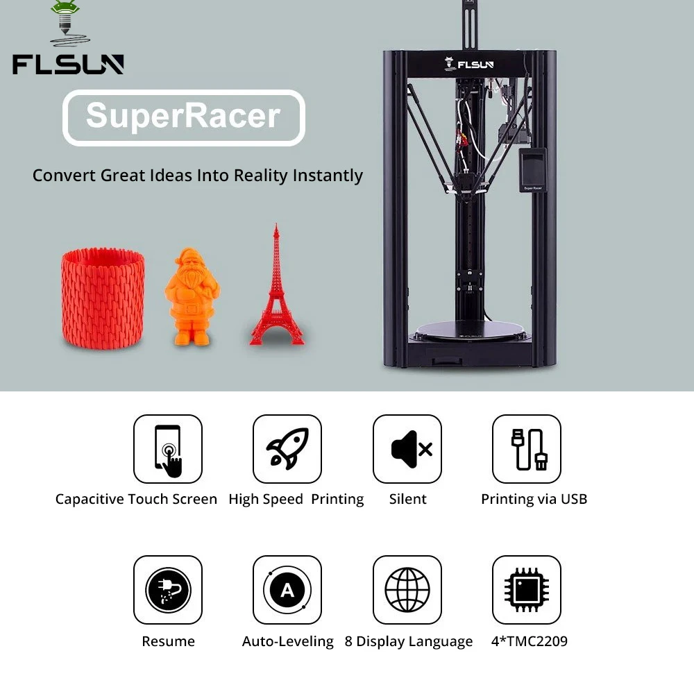 Flsun SR FDM מדפסת תלת מימד מורכבת מראש פילוס אוטומטי 3 מ"מ/שניה הדפסה מהירה עם כונן כפול מכבש מסך מגע 150x260 מ"מ