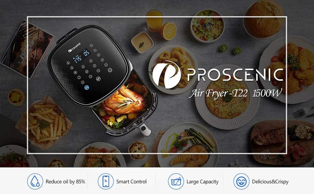 Proscenic T22 Smart Electric Air Fryer Oil Free Non-Stick Pan 5L 3D HF Circulation Technology Mga Custom na Recipe LED Touch Screen App Control - Itim