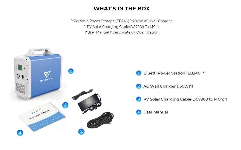 BLUETTI EB240 Portable Power Station 2400 Wh Lithium Battery Solar Generator with 1000 W Inverter AC/DC/USB Socket Mobile Power Supply Power Generator for Travel Camping Caravan