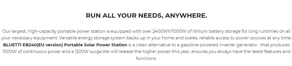 BLUETTI EB240 Portable Power Station 2400 Wh Lithium Battery Solar Generator with 1000 W Inverter AC/DC/USB Socket Mobile Power Supply Power Generator for Travel Camping Caravan