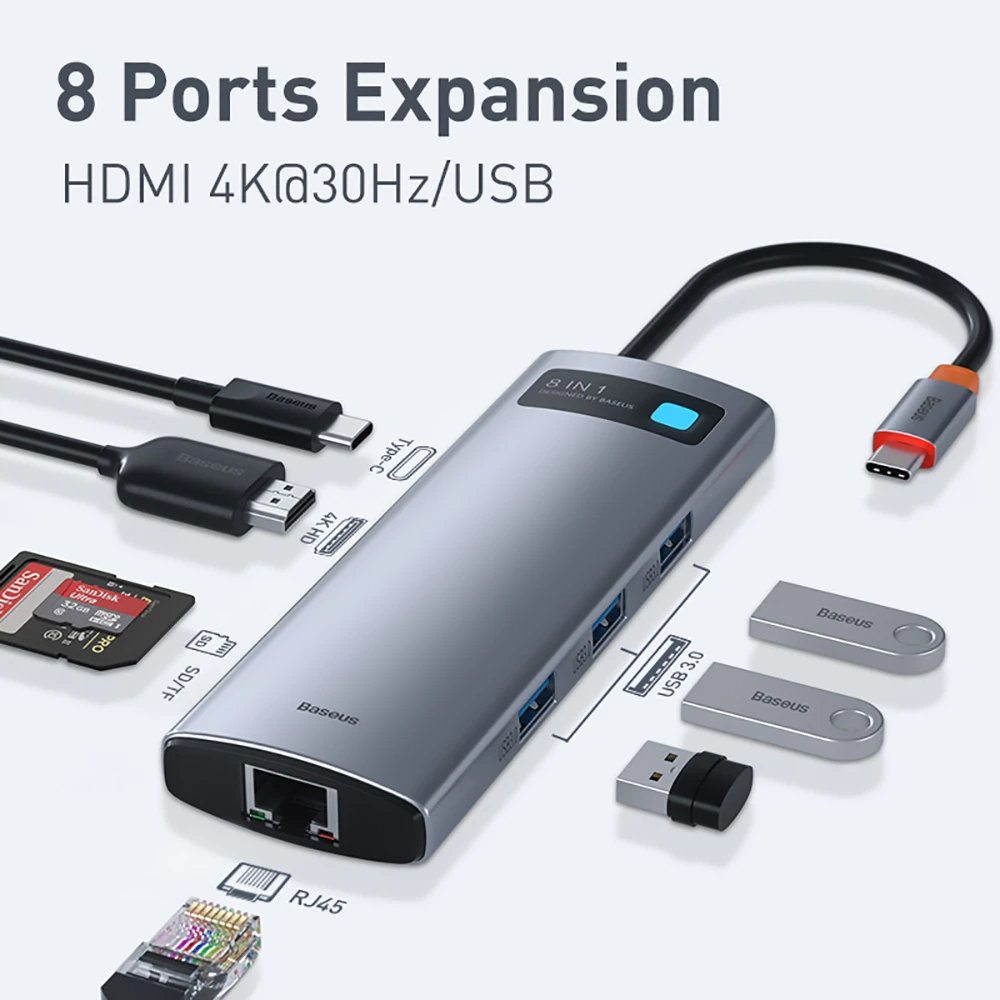 Baseus 8-in-1 Type-C USB 3.0 HUB Adapter for Laptop Tablet Phone - Gray