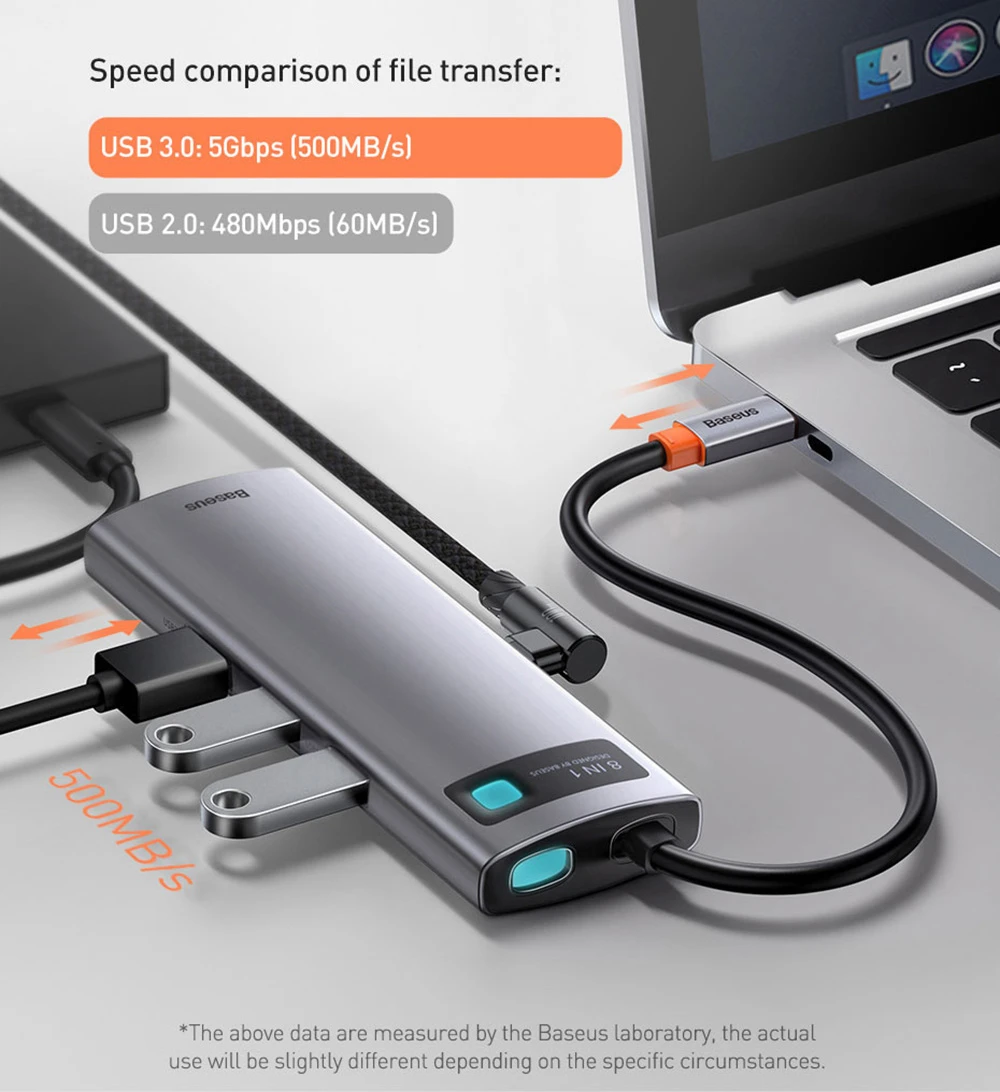 Baseus 8-in-1 Type-C USB 3.0 HUB Adapter for Laptop Tablet Phone - Gray