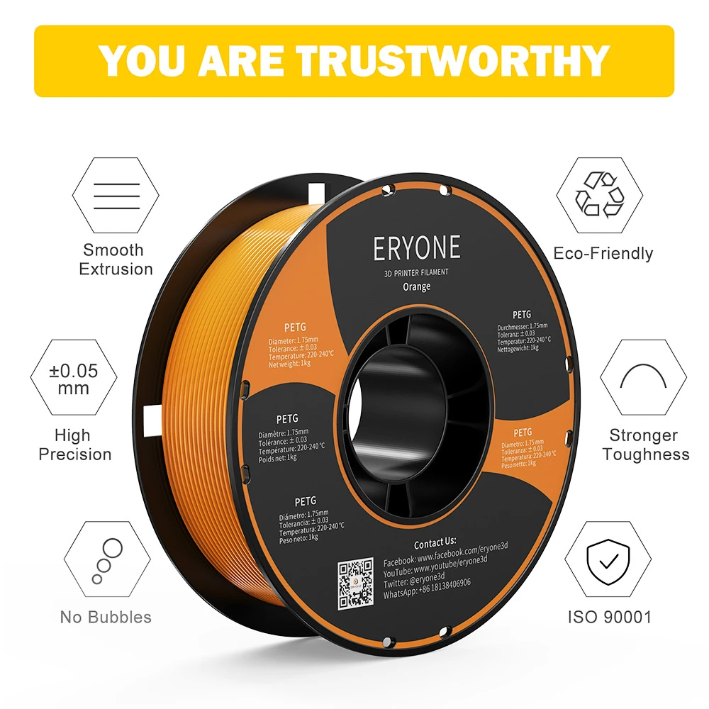 ERYONE PETG Filament for 3D Printer 1.75mm Tolerance 0.03mm 1KG(2.2LBS)/Spool - Orange