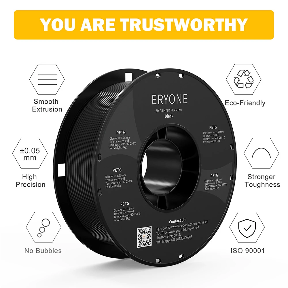 ERYONE PETG Filament for 3D Printer 1.75mm Tolerance 0.03mm 1KG(2.2LBS)/Spool - Black