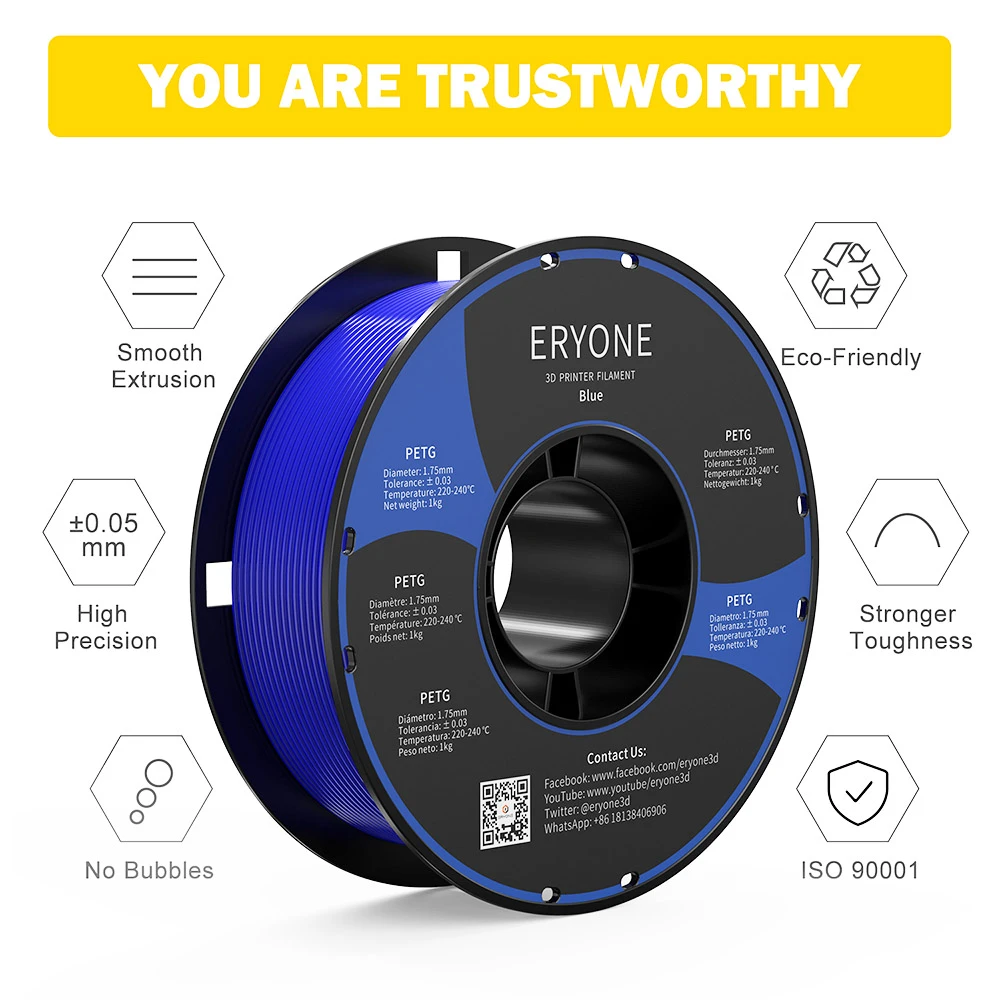 ERYONE PETG Filament for 3D Printer 1.75mmTolerance 0.03mm 1KG(2.2LBS)/Spool - Blue