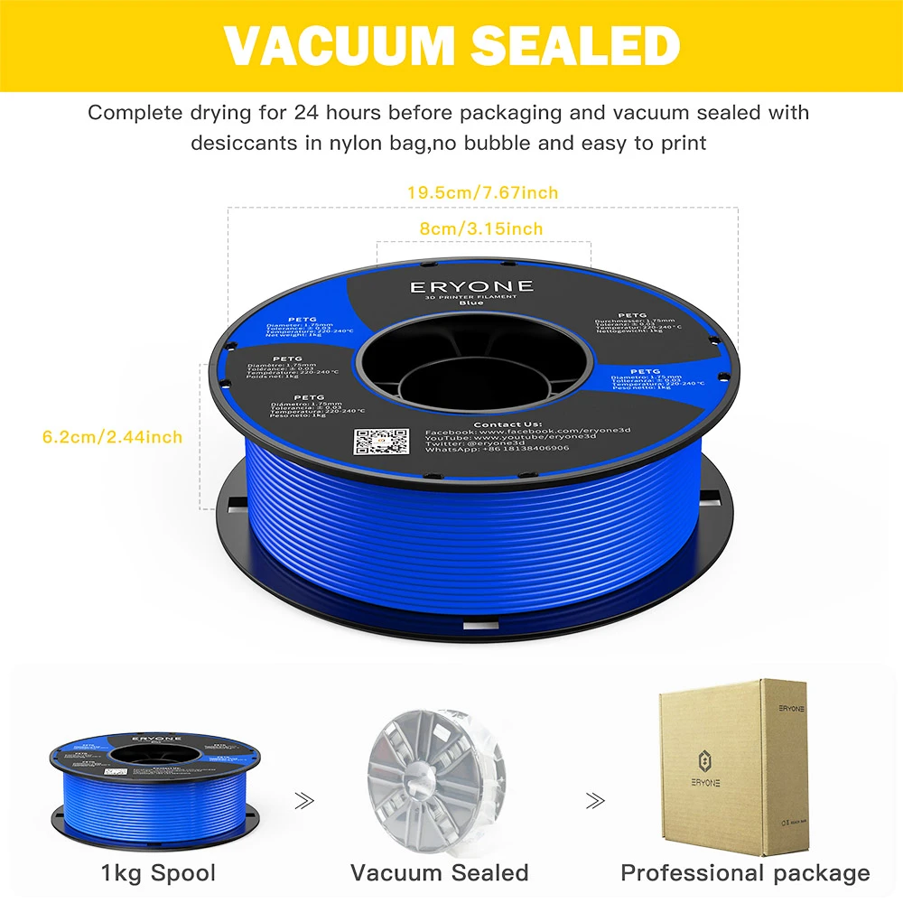 ERYONE PETG Filament for 3D Printer 1.75mmTolerance 0.03mm 1KG(2.2LBS)/Spool - Blue