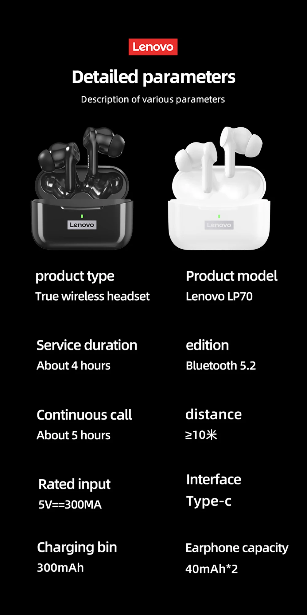 Lenovo Thinkplus LivePods LP70 Wireless Bluetooth Earphone Noise Cancelling Earbuds Game Sports Headset - Black