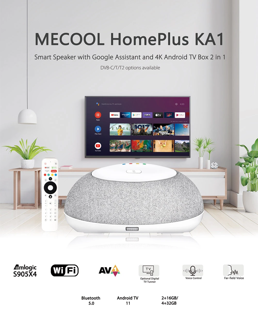 MECOOL KA1 Home Plus DVB Google Assistant Smart Home Controller with Android TV 4K Streaming Amlogic S905X4 4G/32G